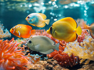 A group of fish swimming in a tank with orange and red coral