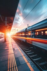Aufkleber - Train travels along rail tracks near a station, suitable for illustrations of transportation and infrastructure