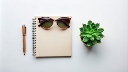 Arranged on a clean white background, a minimalist flat lay features a stylish notebook, a pair of trendy sunglasses, and a fresh green succulent.