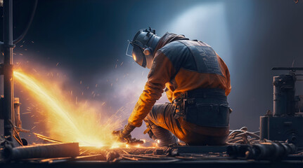 Technician cutting iron with grinder in industrial factory