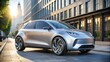 © Four888 - A sleek, modern electric car with silver body and black wheels parked on a city street, showcasing cutting-edge technology and sustainable transportation.