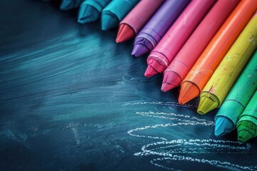 Poster - A collection of colorful crayons placed on a traditional blackboard, ideal for educational or creative uses