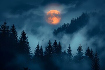 Wall Mural - the full moon shone through dark clouds, silhouetting pine trees, in a foggy atmosphere with soft li