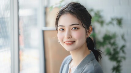 Happy young woman with short hair and casual attire standing indoors with natural light, plants in the background.