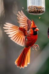 Poster - A small red bird flies towards a bird feeder in a backyard setting