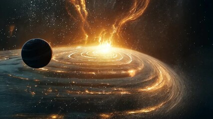 Wall Mural - cosmic maelstrom: a lone planet dwarfed by the awe-inspiring spectacle of a swirling, fiery galaxy i
