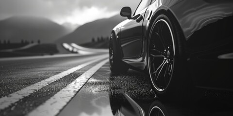 Poster - A black and white photo of a car driving on the road