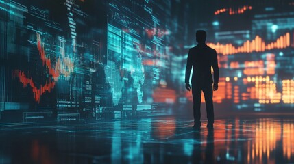 Poster - A futuristic financial graph with digital elements, overlaid on a businessman silhouette in a dark, tech-driven environment.