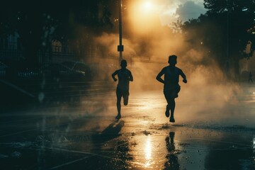 Poster - A pair of people sprinting through wet weather