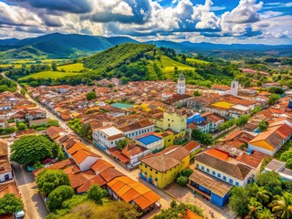 Bird's eye view of Florence, Caquetá, Colombia, showcasing the city's vibrant center with colorful buildings, roads, and lush green spaces amidst a stunning natural landscape.