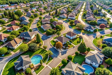 Bird's-eye view of suburban neighborhood outside Dallas, Texas, showcasing multiple cul-de-sac streets resembling keyholes, lined with single-family homes featuring swimming pools and backyards.