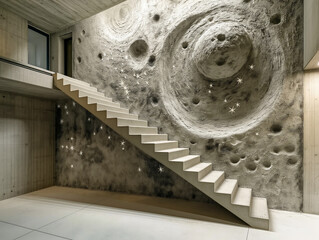 Wall Mural - A staircase is shown in a room with a wall of rocks and a large rock in the middle. Scene is calm and serene, with the rocks