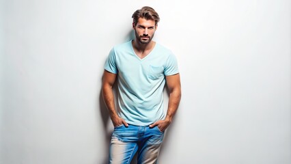 Casual fashion portrait of a fit male model wearing a light blue V-neck t-shirt, distressed denim jeans, and sneakers against a white background.