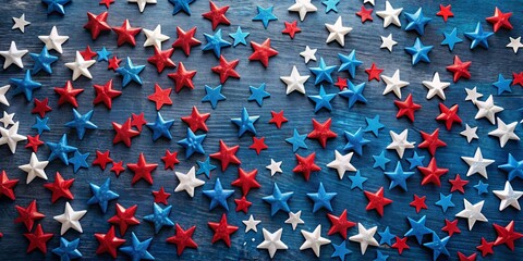 Wall Mural - Celebrate American patriotism with a festive flat lay of blue, red, and white stars scattered across a dark blue table, perfect for Independence Day or Veterans Day themes.