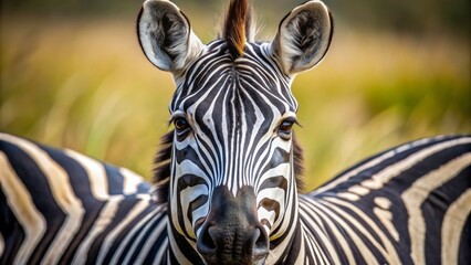 Close-up of a zebra's striking face, showcasing its distinctive black and white stripes, expressive eyes, and elegant curves of its muzzle and ears.