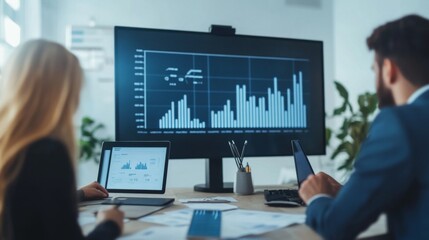 Poster - A team of professionals discussing a financial graph displayed on a large screen in a modern conference room, emphasizing strategic planning.