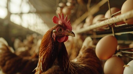 Sticker - A chicken is trapped inside a metal cage with eggs visible in the background