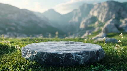 Poster - Abstract 3d render platform and mockup natural background Stone podium on the grass field backdrop meadow mountain for product stand display advertising or etc : Generative AI