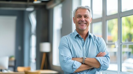 Wall Mural - Smiling handsome businessman with crossed arms in modern office, middle-aged gray-haired man exuding confidence, business success concept.