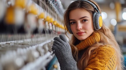 Aufkleber - Textile industry Factory worker with earmuffs standing by large industrial knitting machine and checking threads : Generative AI