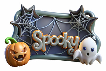 3D Spider Web and Ghost Border with Spooky Text concept as A sleek border frame featuring spider webs and ghosts around the edges with the word Spooky in a bold eerie font. The design includes ample c