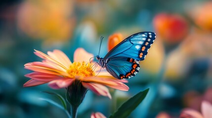 Aufkleber - Blue butterfly perched on a vibrant flower, capturing delicate details, nature concept