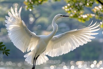 White Egret Spreads Wings in Sunlight, Water Reflection in Background.