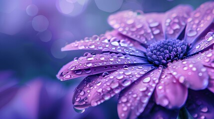 Wall Mural - Close up of dew drops on violet flower petals, macro photo with a blurred background and vibrant colors