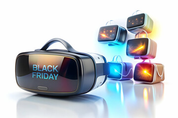 3D VR Goggles with Holographic Shopping Bags concept as Horizontal shot of VR goggles on a white surface with glowing holographic shopping bags floating above them offering an immersive Black Friday t