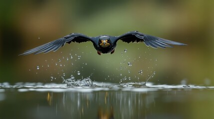 Poster - Close-up of a bird flying just above water, with reflection and water droplets visible