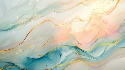 Wall Mural - Abstract background with watercolor waves and golden lines, colorful light pink blue beige teal fluid art, elegant and dreamy mood