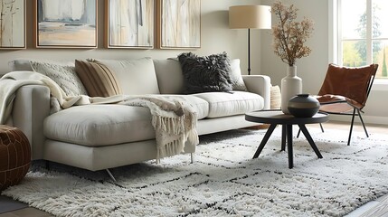 Wall Mural - A cozy living room featuring a stylish sofa, decorative pillows, a coffee table, and a plush rug.