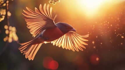 Poster - Close-up of a bird in flight, with detailed feathers and motion blur against a sunset backdrop