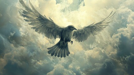 Poster - Close-up of a bird in mid-air, with detailed wing patterns and a backdrop of clouds
