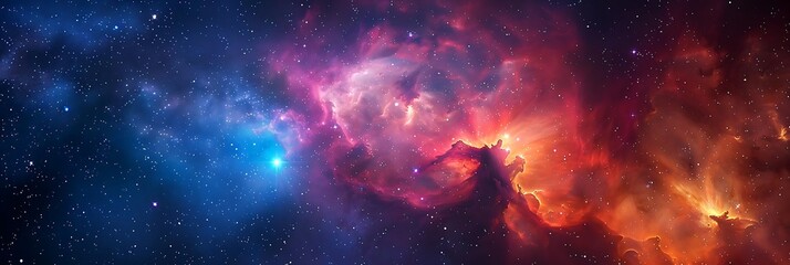 Poster - A vibrant cosmic scene showcasing colorful nebulae and stars in the vastness of space.