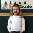 © Alena - Schoolkid white sweatshirt mockup, indoor, elementary school student girl nere classroom board. Children's back to school, 1st school day blank long sleeve shirt template mock up