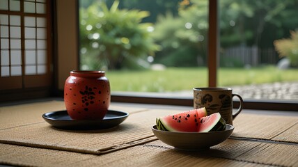 Wall Mural - Watermelon, barley tea, and a fan on tatami mats in a Japanese-style room with veranda.