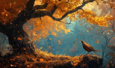 Wall Mural - a bird is perched on a tree branch in a forest. the leaves on the tree are orange and falling, creat