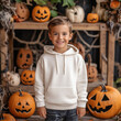 © Alena - Kids Halloween tshirt mockup. Cute boy model in beige hoodie, standing near pumpkin holiday decoration background. Kids autumn, fall long sleeve tshirt mockup. Blank jumper template