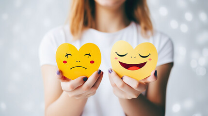 Wall Mural - Emotional intelligence concept. Feedback rating, balance emotion control, mental health assessment. Female holding happy and angry emoji.