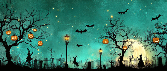 Halloween night with witches and haunted trees