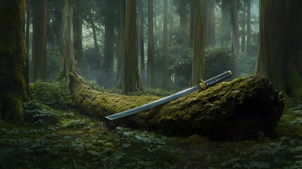 Samurai Sword in a Misty Forest.