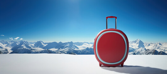 A red suitcase sitting on top of a snow covered field. Mountains and trees on winter background.