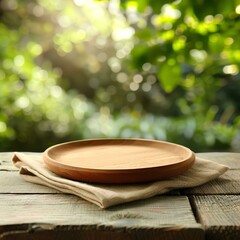 Empty wooden plate on table with blurred green garden background, for product display montage on natural linen cloth napkin in front of blurred park or forest landscape.