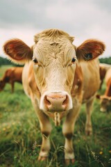 Wall Mural - A brown and white cow stands on the edge of a lush green field