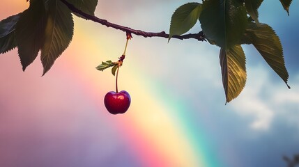 Canvas Print - Single Cherry Hanging from Branch with Rainbow in Background.