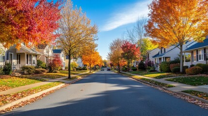 Aufkleber - Close-up of a charming, tree-lined street with colorful fall foliage and a clear blue sky