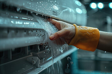 Poster - Closeup hand Cleaning air conditioning filter by water spray. Generative AI.