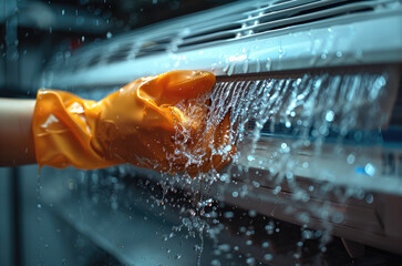 Poster - Closeup hand Cleaning air conditioning filter by water spray. Generative AI.
