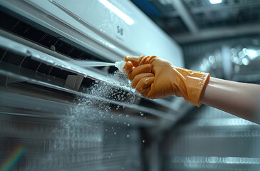 Poster - Closeup hand Cleaning air conditioning filter by water spray. Generative AI.
